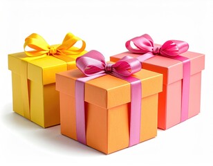 Obraz premium Three vibrant wrapped gift boxes with silk bows