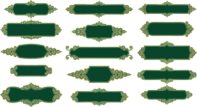 Ornate labels set with gold filigree vector. Elegant vintage frame Retro green badges