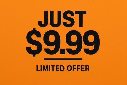Bold JUST $9.99 limited offer banner, vibrant style, attention-grabbing retail discount promotion.