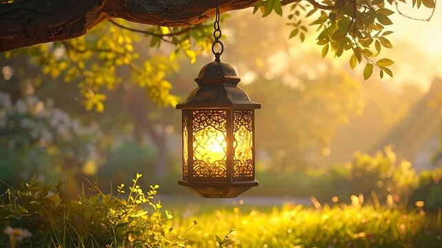 An ornate l lantern hangs from a tree branch, casting a warm glow in the serene garden landscape during sunset.