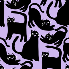 Cotton fabric Seamless pattern with cute black cat silhouettes on a pastel purple background for textile fabric wrapping paper and wallpaper design