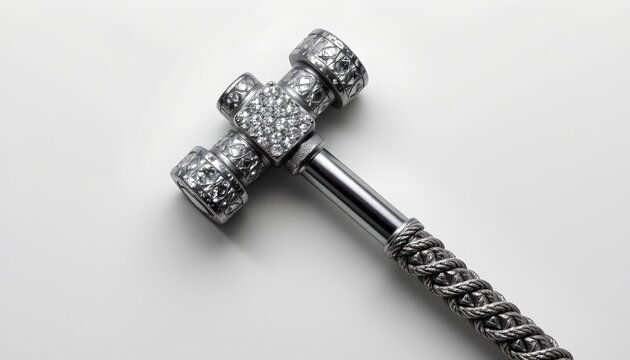 An elaborate silver and diamond ice pick with a shiny handle.