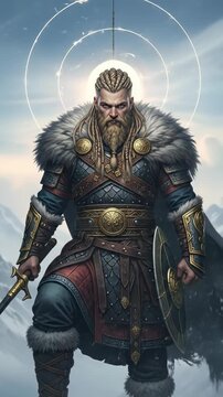 Powerful Viking Warrior Standing on a Snowy Mountain Peak with Axe and Shield, Bearded Nordic Hero in Fur Armor and Braided Hair