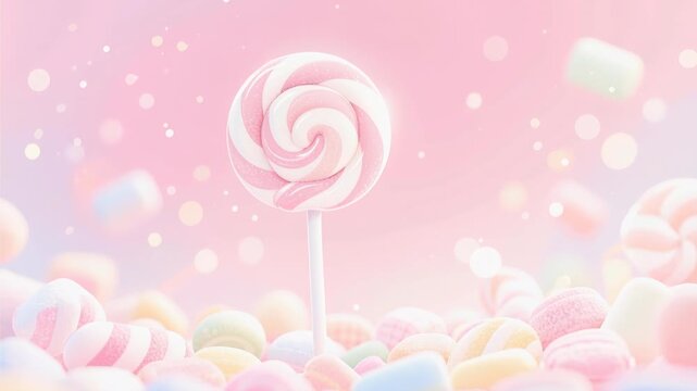 A sweet spring background featuring a closeup of pink and white candy lollipops nestled among blooming rose petals and floral tulips for a beautiful Valentine's Day heart-themed bouquet