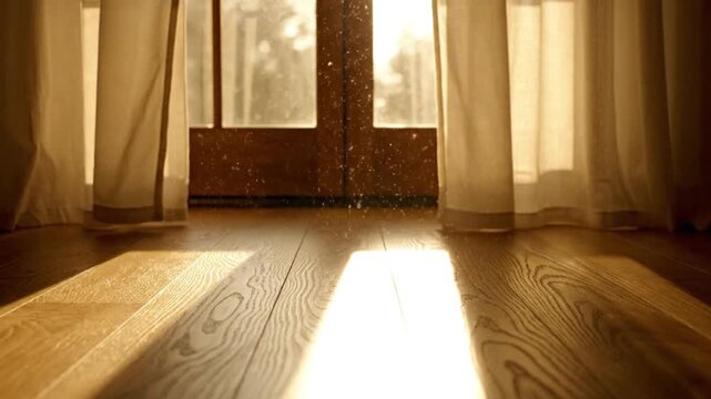 Sunlight streaming through curtains onto a wooden floor.