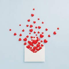 A burst of red hearts spilling out of an open white envelope against a light blue background