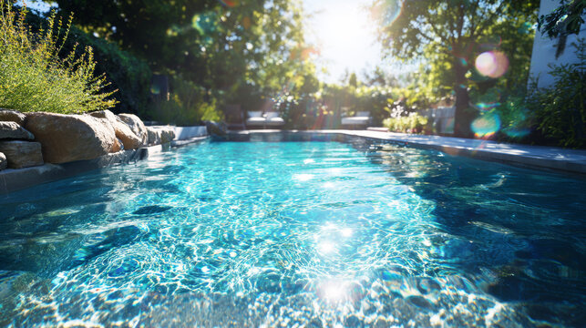 Backyard swimming pool inviting relaxation, sparkling water reflecting sunlight, surrounded by green foliage and stone hardscaping