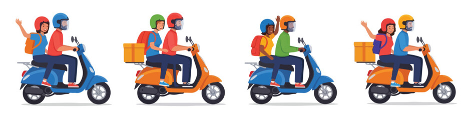 Flat vector illustration set of people riding scooters and motorcycles for urban transportation in a modern cartoon style. © Haris Lost