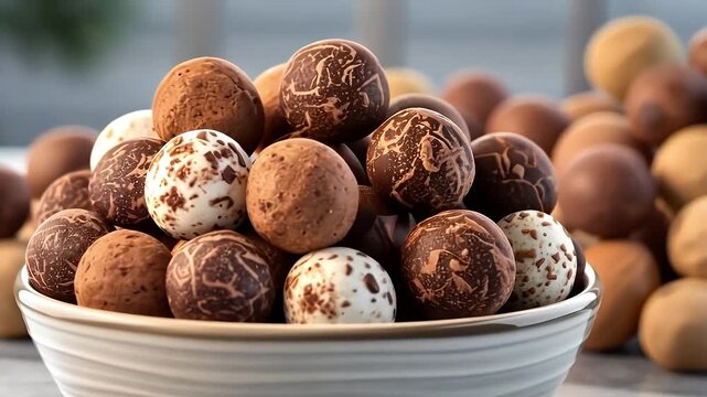 A bowl filled with assorted chocolate truffles and quail eggs on a table with more eggs in the background