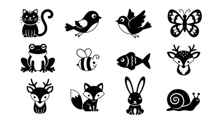 Black silhouettes of various forest animals. © firman