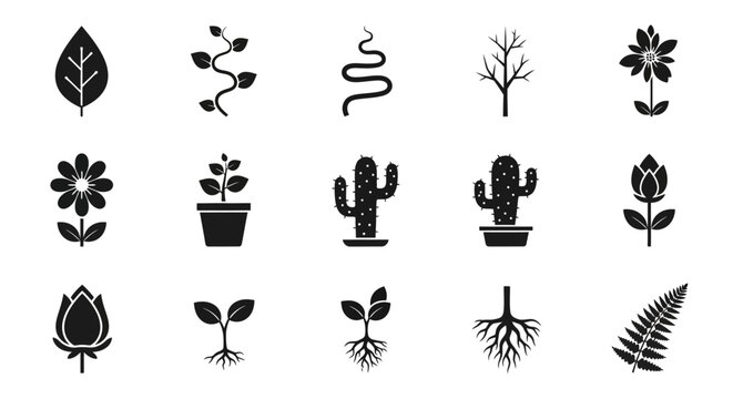 Black silhouettes of various plant types.
