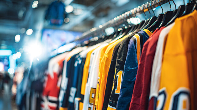 Sports jerseys hanging on a retail rack, showcasing colorful team apparel and fan gear for enthusiasts in a brightly lit store