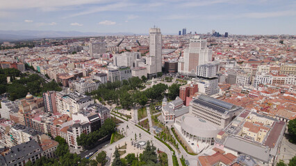 Aerial Panoramic View of Plaza de España and Madrid Skyline, Spain © Travel