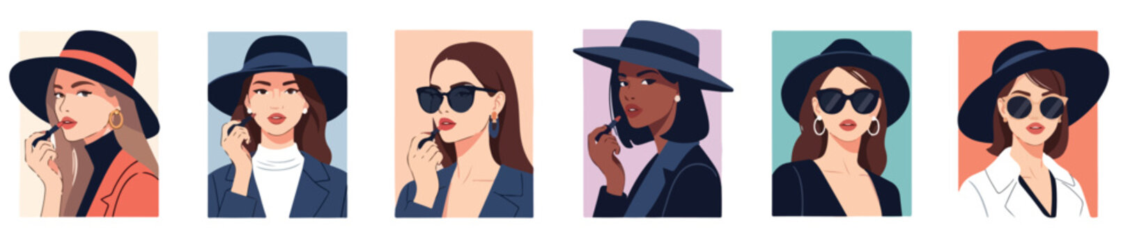 Flat vector illustrations set of elegant, fashionable women wearing stylish outfits and makeup, posing confidently in a modern, minimalist fashion style.