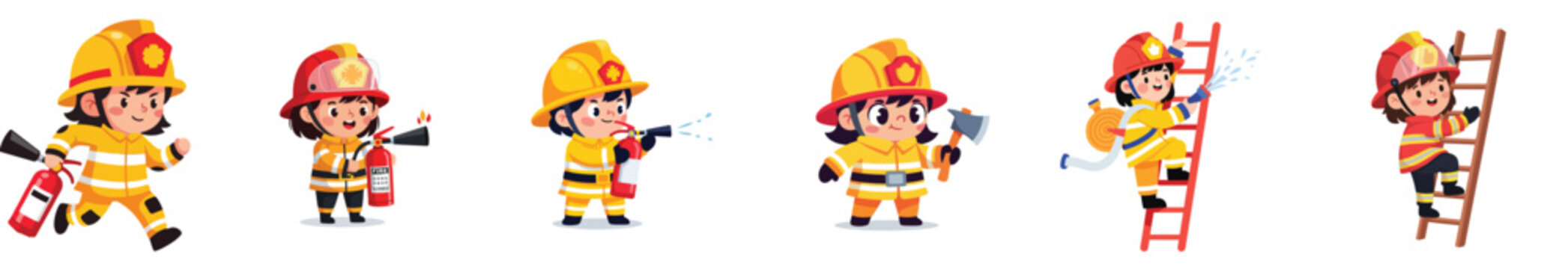 flat vector illustrations set of child firefighters wearing uniforms and helmets, shown in action with firefighting tools in a playful, kid-friendly style