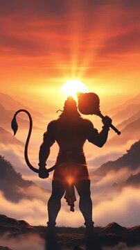 Silhouette of Lord Hanuman standing on a mountain peak holding a mace against a vibrant sunset sky. Majestic digital art of the Hindu deity Bajrangbali in a misty mountain landscape.