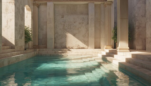 Marble pool with colonnades, light ripples across the water