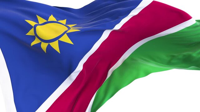Namibia flag waving and swirling, looping Close-up camera angle with transparent background, with alpha matte layer for transparency in the background.