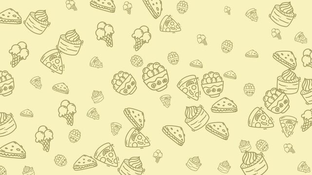 Food themed cartoon pattern featuring cakes, ice cream, and pizza. Great for packaging, stationery, textile, and kitchenware designs.