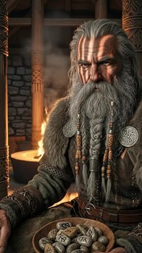 Elderly Norse shaman with a long braided grey beard and fur clothing holding a bowl of ancient rune stones for divination in a rustic hall with a fire