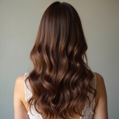 Naklejka premium Woman with long wavy brown hair viewed from back. Healthy, smooth hair styled with soft curls. Elegant coiffure against neutral background, beauty shot.