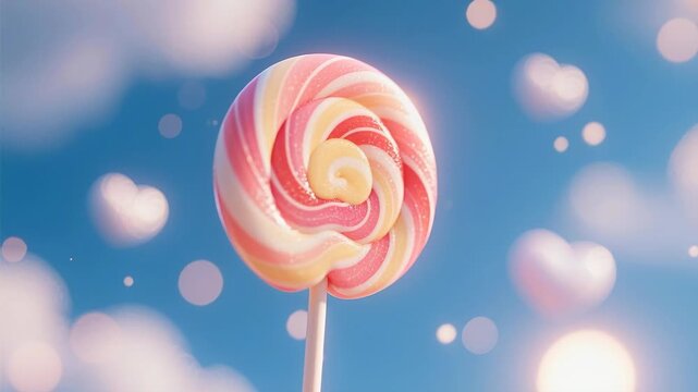 A vibrant pink swirl lollipop on a stick floats like a sweet dessert in a blue sky, creating a colorful and delicious childhood candy snack isolated against a bright background