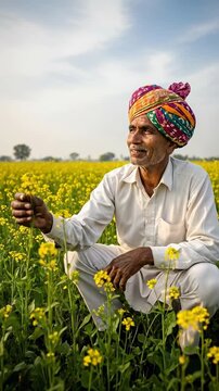 An elderly Indian male farmer wearing a colorful traditional turban and white clothes crouching in a blooming yellow mustard field under a clear sky.