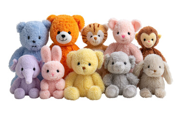 Plush animal toys collection isolated on a transparent background