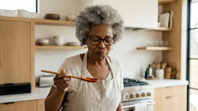 Woman smiles and enjoys food while tasting with chopsticks. Bright kitchen setting with wooden cabinets and modern appliances. Concept of cooking, food culture, home meals