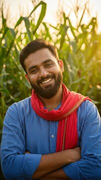 Portrait of a happy young Indian male farmer standing in a lush green cornfield with arms crossed, wearing a blue shirt and red scarf at sunset.