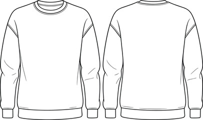 Technical flat sketch of crewneck sweatshirt front and back view with ribbed cuffs, neckline, and hem, fashion design template for apparel manufacturing illustration © S.P