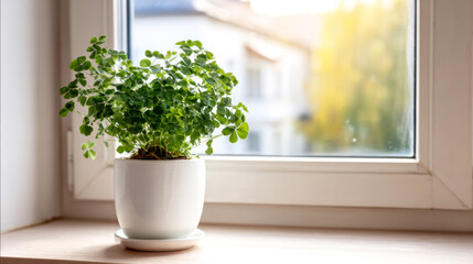 Fototapeta premium Potted clover plant thriving on a window sill receiving bright natural light, symbolizing luck and prosperity