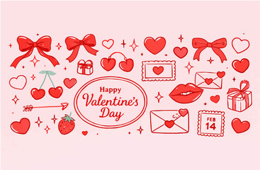Happy Valentine's Day vector doodle set with red hearts, bows, cherries, lips, envelopes, gifts, and arrows on pink background