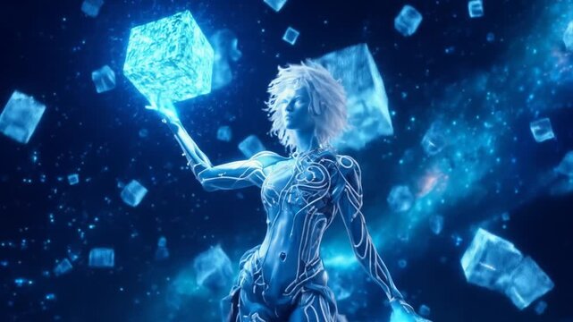 Abstract figure surrounded by glowing cubes and starry background