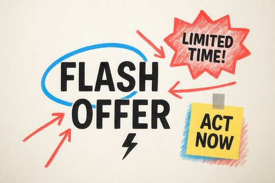 FLASH OFFER with LIMITED TIME and ACT NOW promotion, bold vibrant style, urgent retail discount sale.