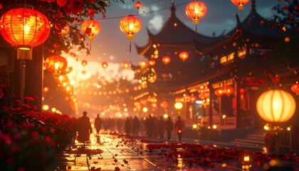 Chinese Lanterns Illuminating Night Street Scene.