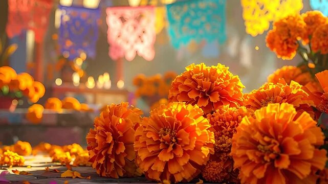 Close-up of vibrant orange marigold flowers are displayed during a traditional Day of the Dead celebration.