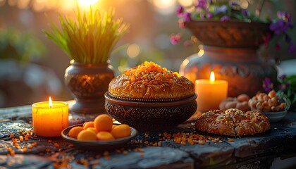Candlelight Display with Saffron and Nuts on Stone Surface.