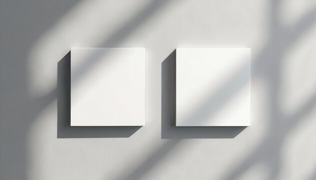 Two blank white square cards rest on a textured light grey surface. Soft leaf shadows fall across the composition, suggesting an outdoor or natural light setting.