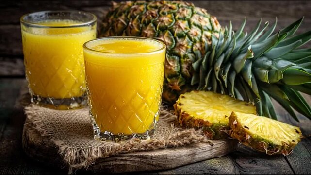 Two glasses of orange juice on a wooden board with a whole pineapple and slice against a rustic background.