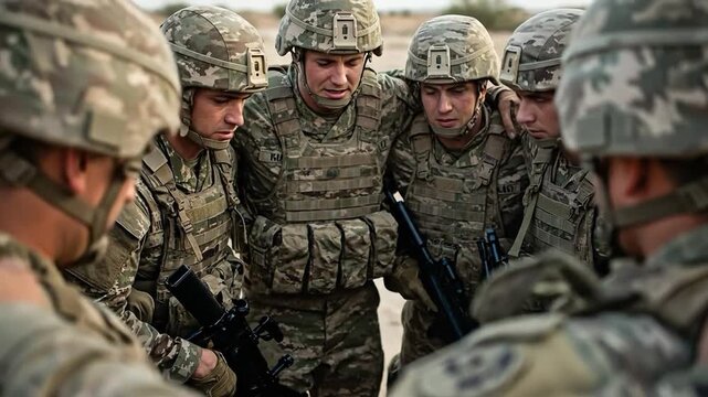Group of young male soldiers in camouflage uniforms and helmets standing in a circle for a prayer or briefing during military training outdoors