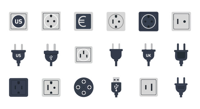 Power plug and socket icon set flat vector collection