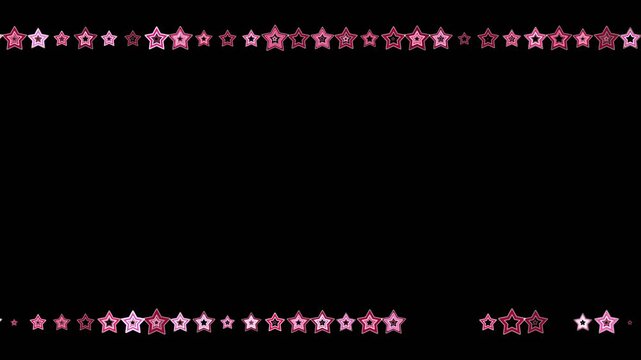 Pink glowing stars horizontal border frame on black background for kids birthday and cute girl intro