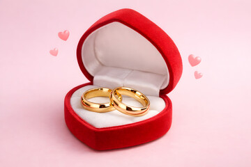Romantic jewelry concept, gold wedding rings inside an open heart-shaped ring box, rings clearly visible, soft reflections, small floating heart icons, pastel pink background, studio lighting, realist