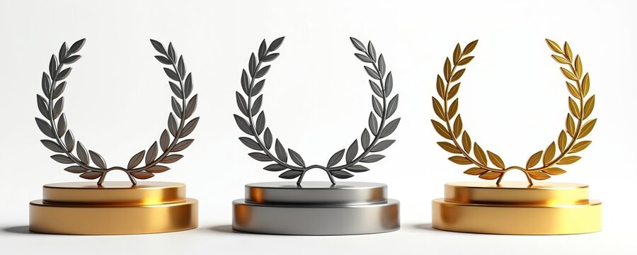 Three award wreaths gold silver and bronze stand on podiums. Victory laurels signify accomplishment achievement success. First second third place winners celebrated with medals.