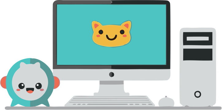 Computer with cartoon cat on screen.