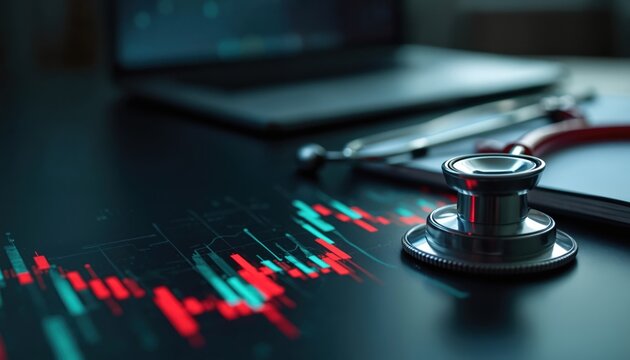 Stethoscope and stock chart on desk with laptop. Healthcare finance analysis. Medical business data insights and investment trends. Doctor examines market growth.