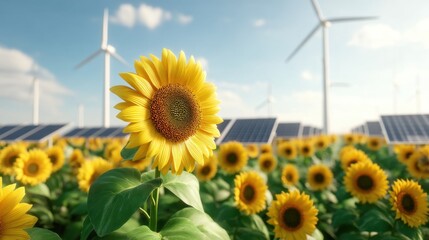 Vibrant Sunflowers in a Scenic Field Surrounded by Solar Panels and Wind Turbines Under a Bright Blue Sky