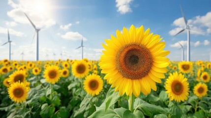 Bright Sunflower in a Vibrant Field with Solar Panels and Wind Turbines under a Clear Blue Sky