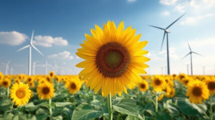 Vibrant Sunflower in a Field Surrounded by Solar Panels and Wind Turbines Under a Bright Blue Sky